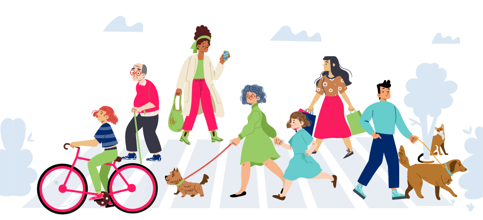 Illustrations dfe citoyens déambulants en ville. Toutes générations confondues